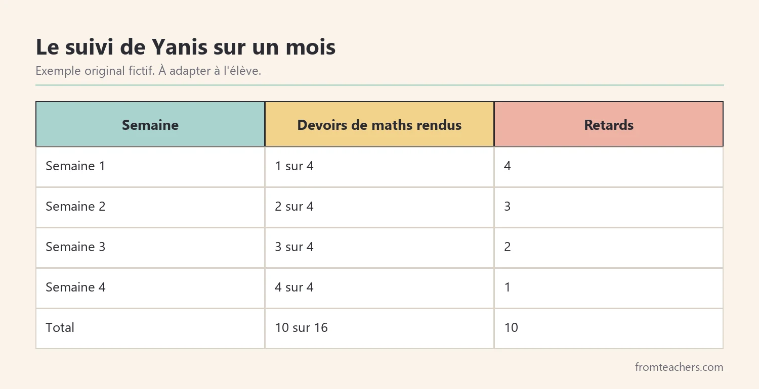 Tableau fictif des devoirs rendus et des retards de Yanis sur quatre semaines