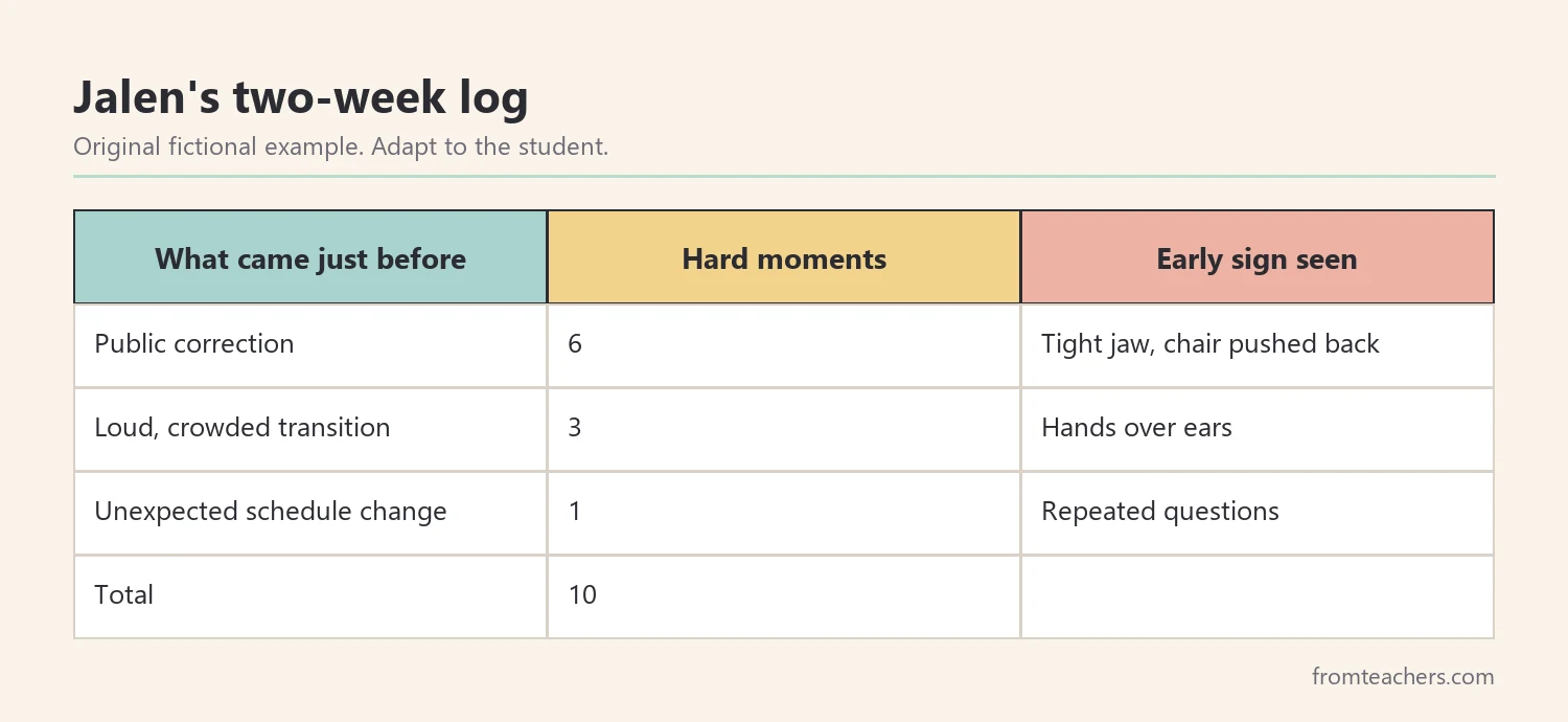 Fictional two-week log of ten hard moments grouped by what came just before