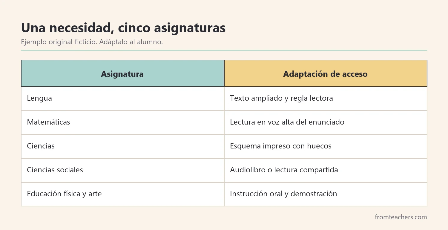 Tabla de adaptaciones de acceso para una misma necesidad en cinco asignaturas