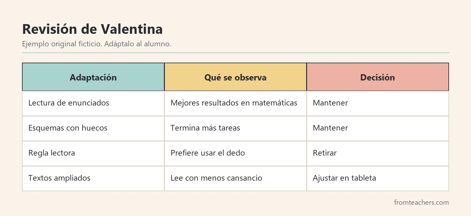 Registro ficticio de seguimiento trimestral de adaptaciones con la decisión tomada