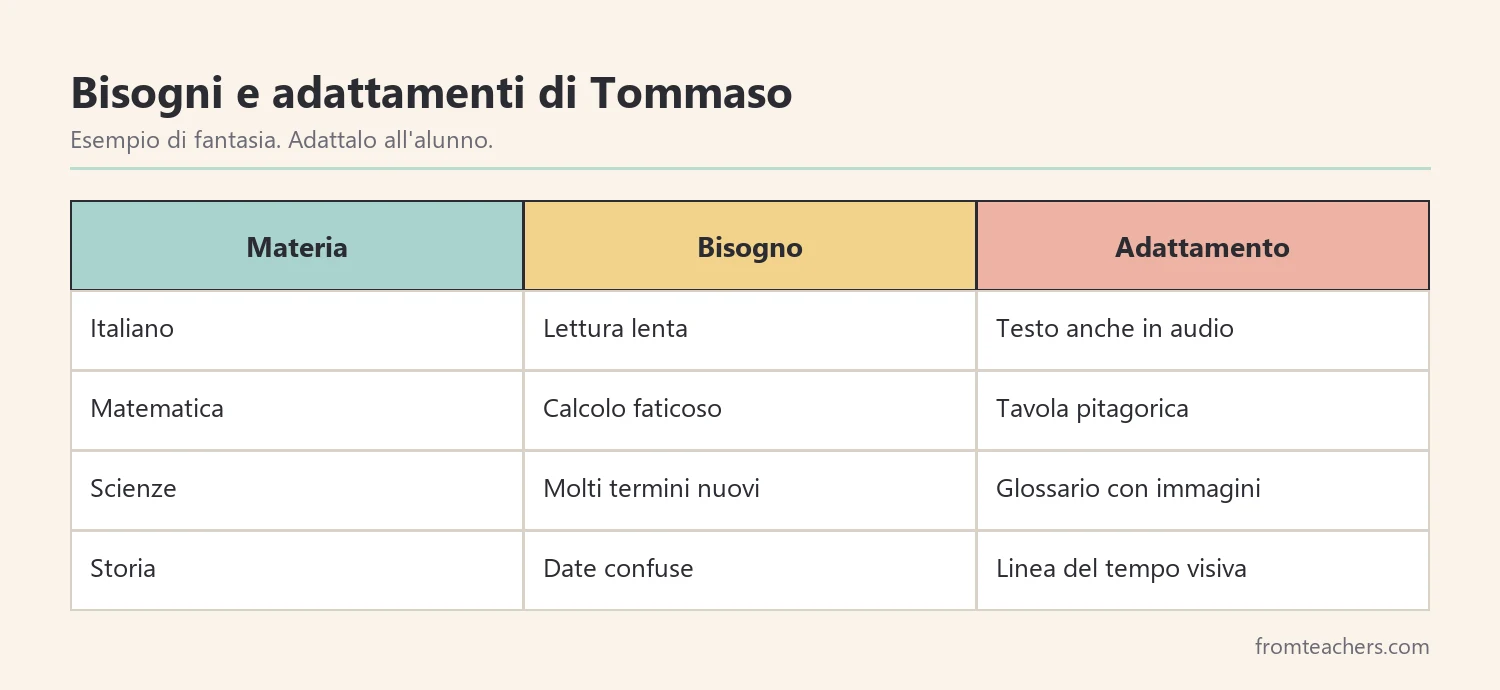 Tabella con materie, bisogni e adattamenti didattici per un alunno di fantasia