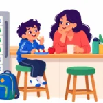 Illustration of a parent and an eight year old having a snack at the kitchen counter after school with a picture checklist on the fridge