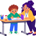 Illustration for ADHD focusing tips: a boy working at a standing desk with a folded worksheet and a small timer