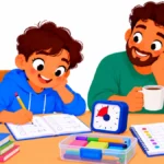 Illustration of a boy doing homework at a kitchen table with a visual timer while his father sits nearby