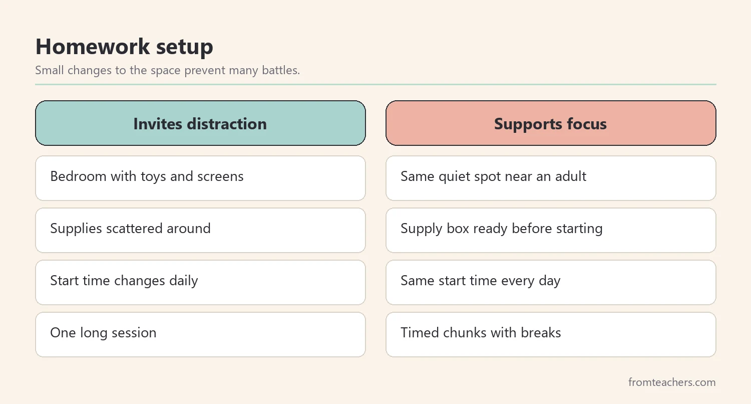 Comparison of a homework setup that invites distraction and one that supports focus for a child with ADHD