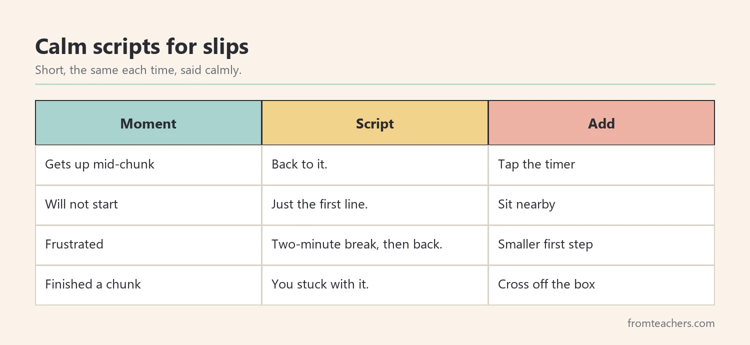 Matrix of common homework moments with a short calm script parents can use