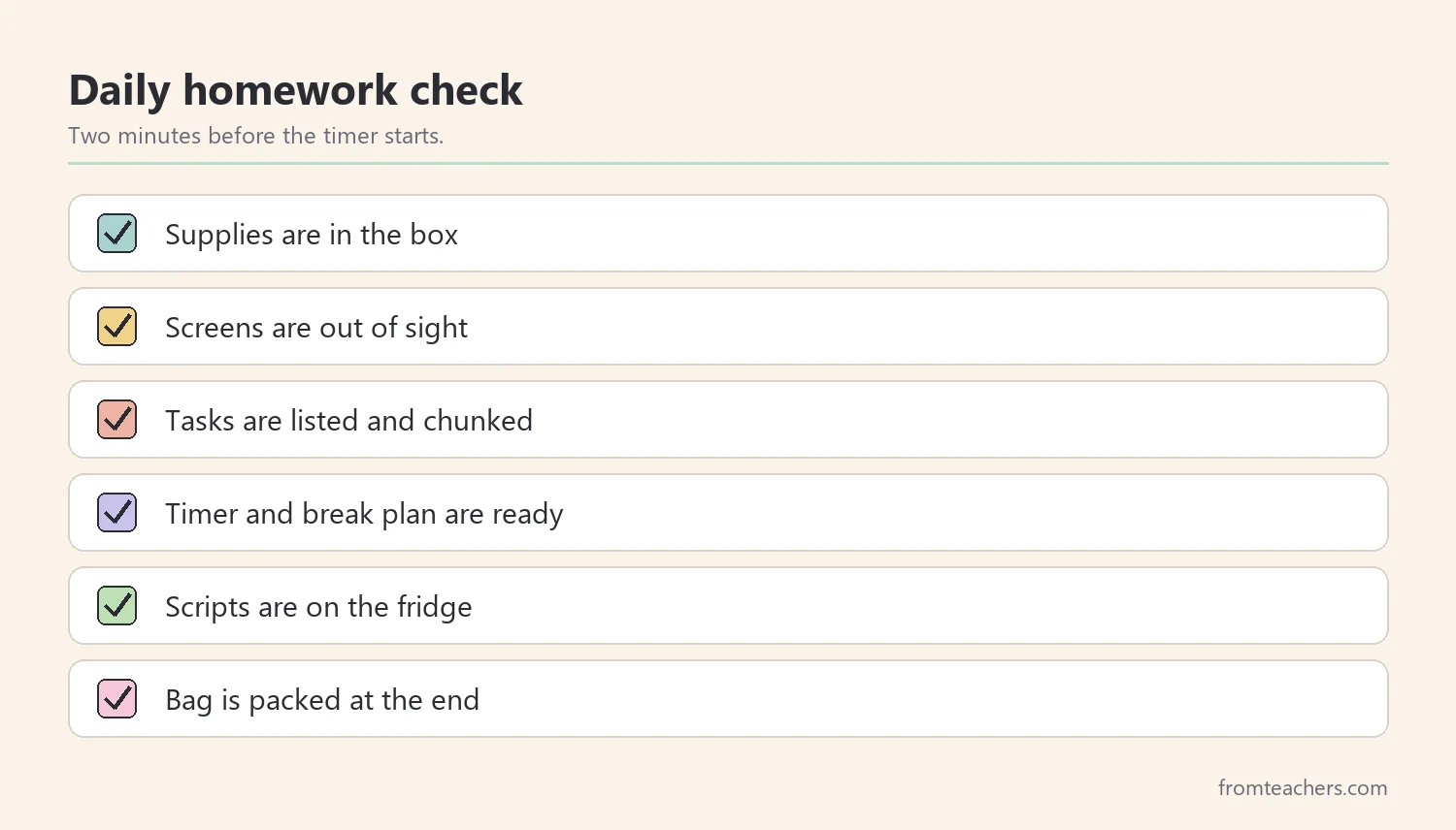 Checklist of daily checks for a calm ADHD homework routine at home