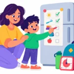 Illustration for ADHD morning routine: a mother and son checking off a picture checklist on the fridge while a visual timer counts down beside a backpack