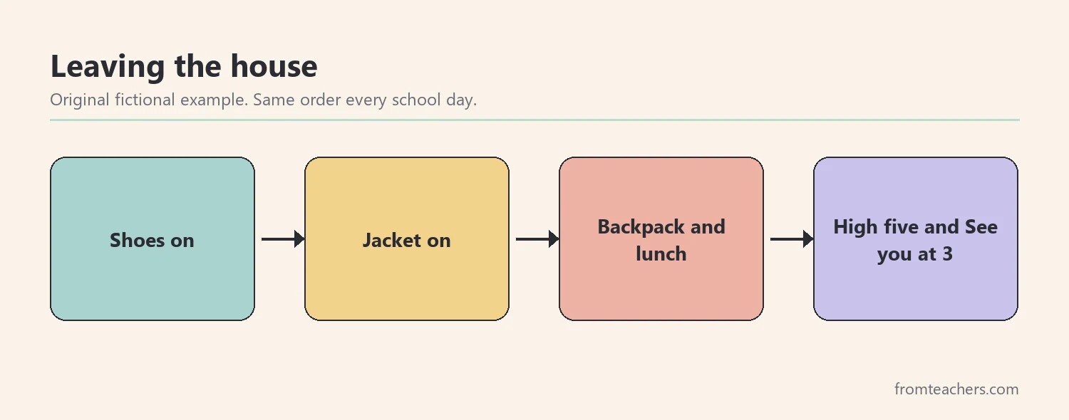 Flow diagram of a four-step departure from shoes to a goodbye ritual