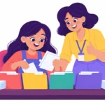 Illustration for adhd organization systems: a girl sorting papers into color-coded folders at her desk while a teacher gives a thumbs up
