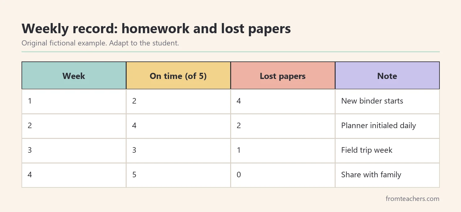 Table of Nora's homework turned in and lost papers over four weeks