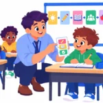Illustration of a substitute teacher crouching to give a grade 4 boy a short written direction card