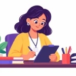 Illustration for adjustment disorder progress notes: a counselor writing notes at a tidy desk after a session, with a calm office and plant in the background