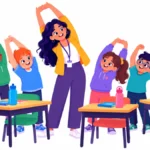 Illustration of a fourth grade class stretching beside their desks in the early afternoon