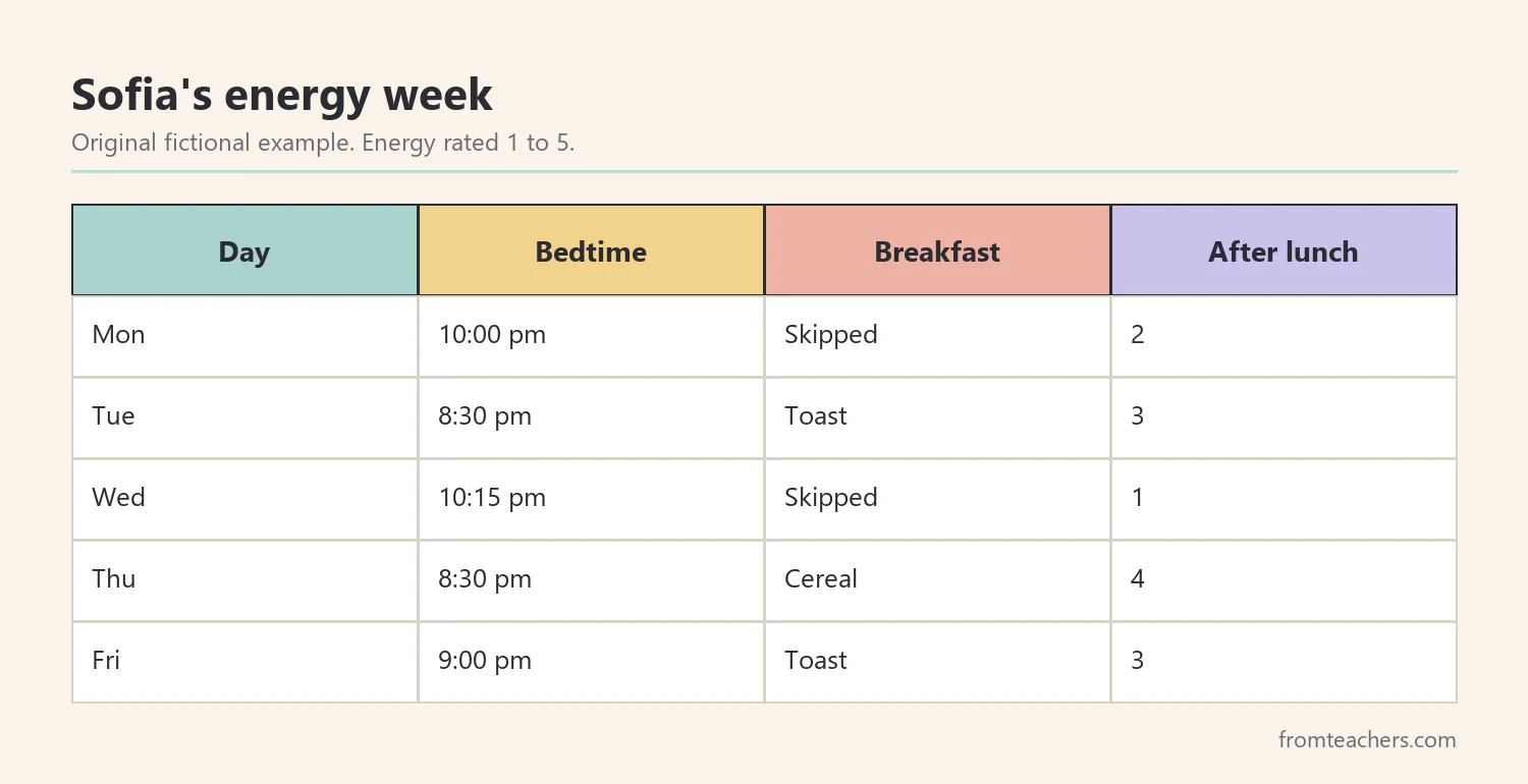 Data table of a fictional fourth grader energy ratings with sleep and breakfast over five days