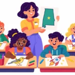 Alabama facts for kids: a teacher holding up a map of Alabama while children color a yellowhammer and a rocket