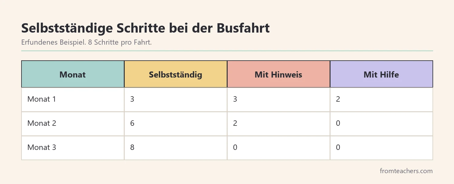 Tabelle mit drei Monaten selbstständiger Schritte bei der Busfahrt
