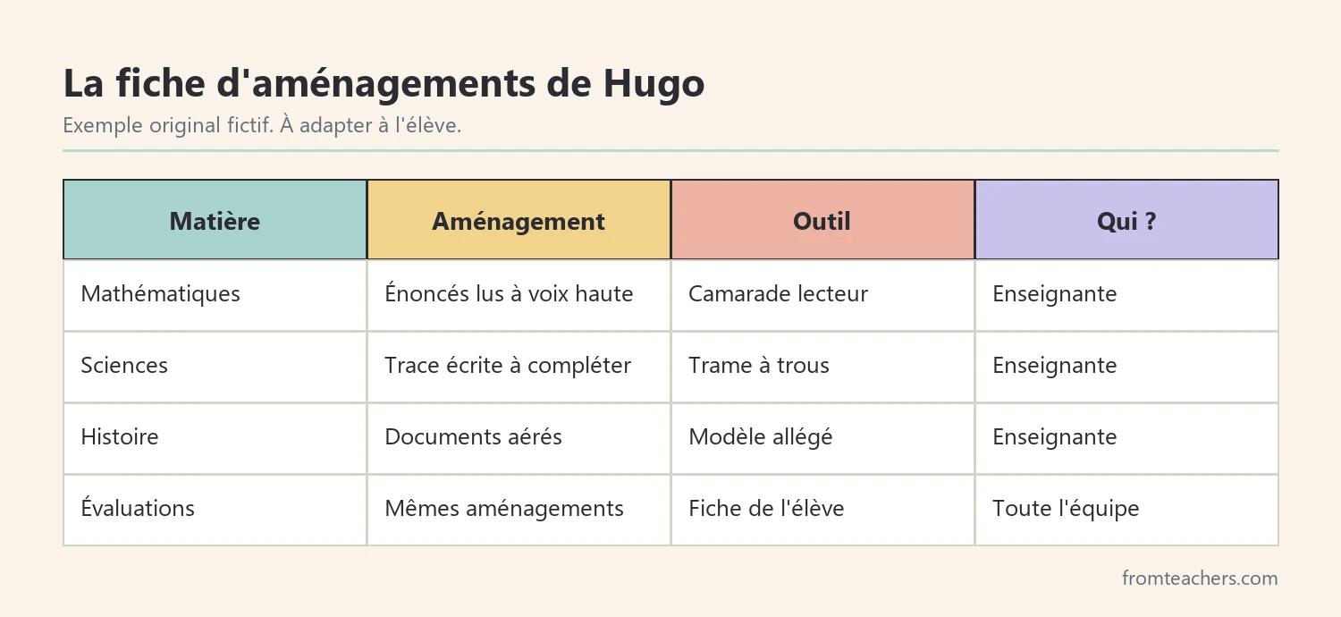 Tableau fictif reliant chaque matière à l'aménagement, à l'outil et à l'adulte responsable pour Hugo