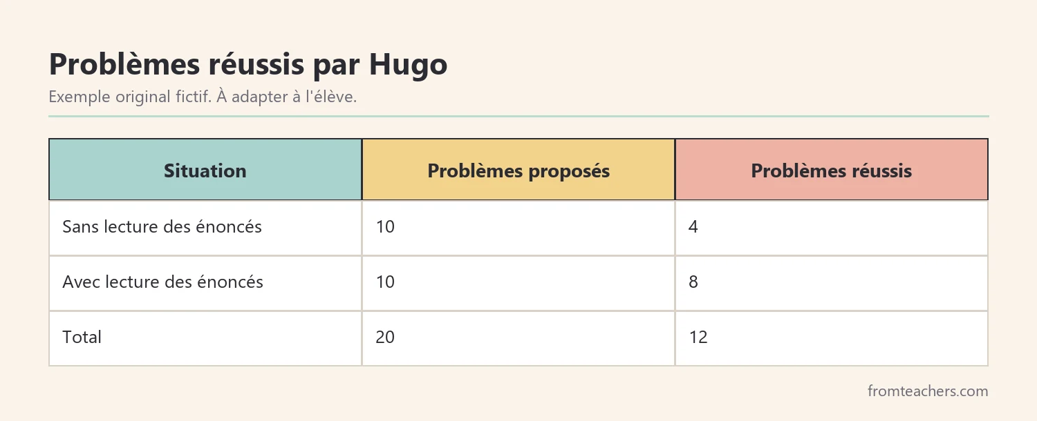 Tableau fictif des problèmes réussis par Hugo avant et après la lecture des énoncés