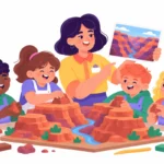 Illustration for arizona facts for kids: a small group of children building a clay model of the Grand Canyon on a classroom table while their teacher holds up a photo of red rock cliffs