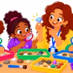 Illustration for arkansas facts for kids: excited children sifting through trays of sand and pebbles with magnifying glasses while a teacher holds a sparkly paper diamond