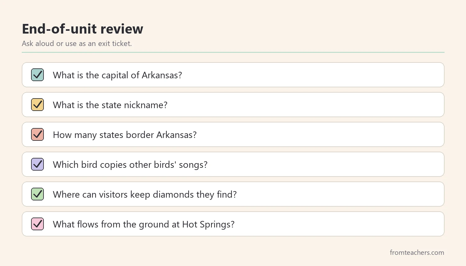 Checklist of six review questions about Arkansas facts for an end-of-unit check