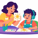 Illustration for autism classroom strategies: a teacher showing a picture card to an autistic boy wearing headphones during an art activity