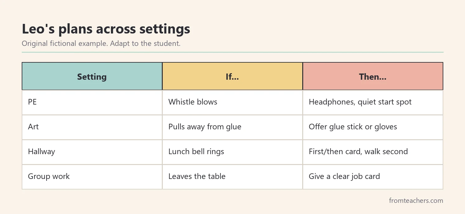 Table showing fictional if-then plans for one student across PE, art, hallway, and group work