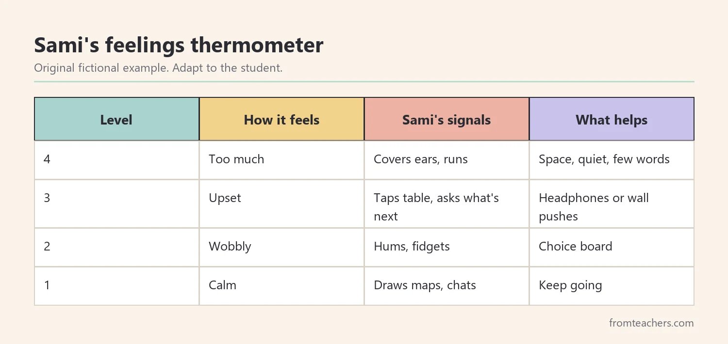 Table of a fictional student's feelings thermometer levels, signals, and supports
