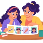Illustration for autism puberty education: a parent and a teenage girl sitting at a kitchen table looking at a simple picture sequence of a morning hygiene routine