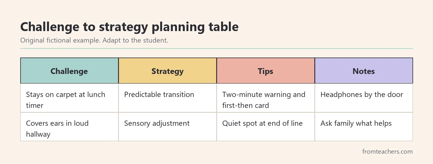 Four-column planning table linking a challenge to a strategy, implementation tips, and notes