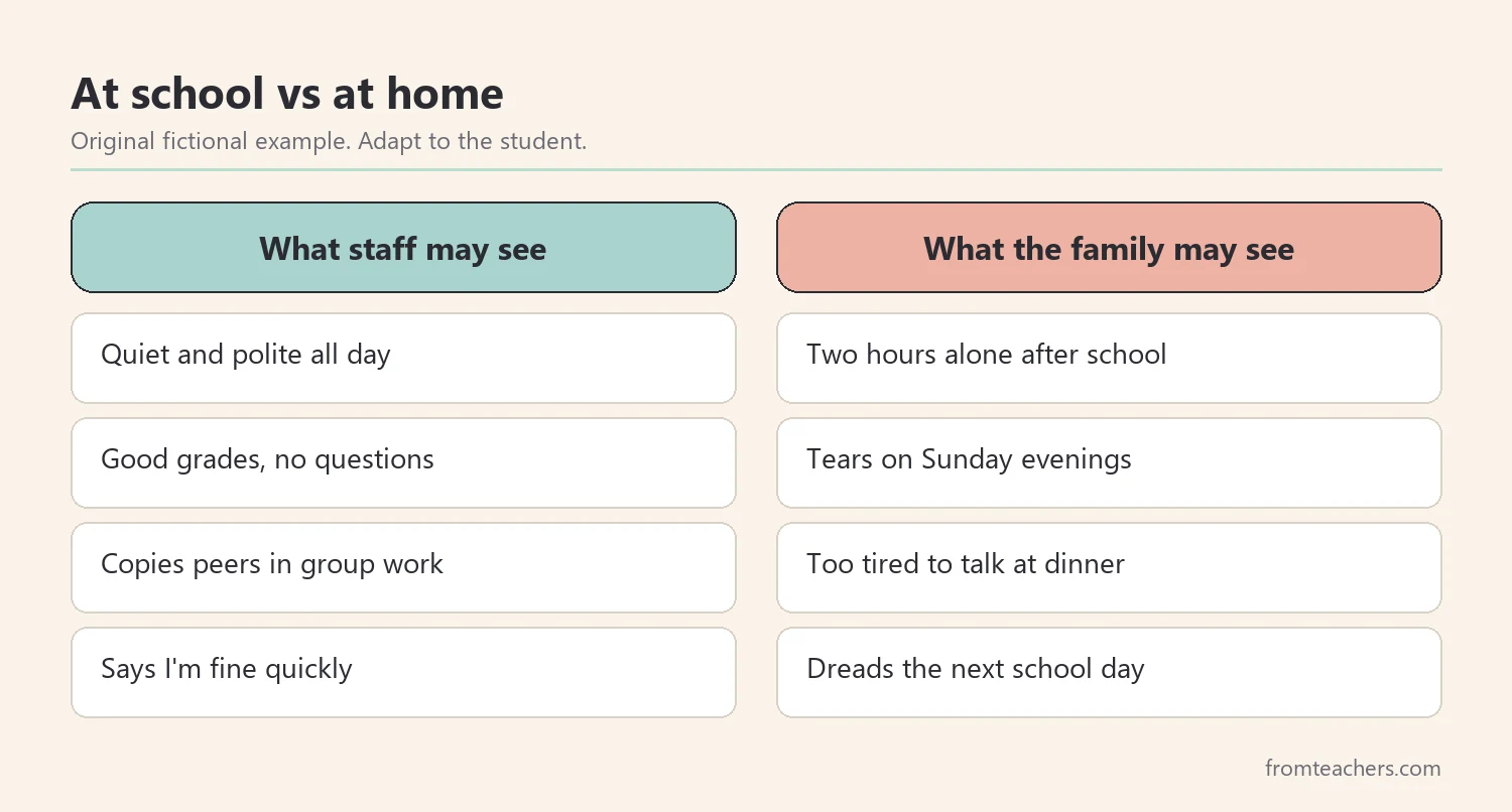 Comparison of what staff may see at school and what the family may see at home for a student who masks