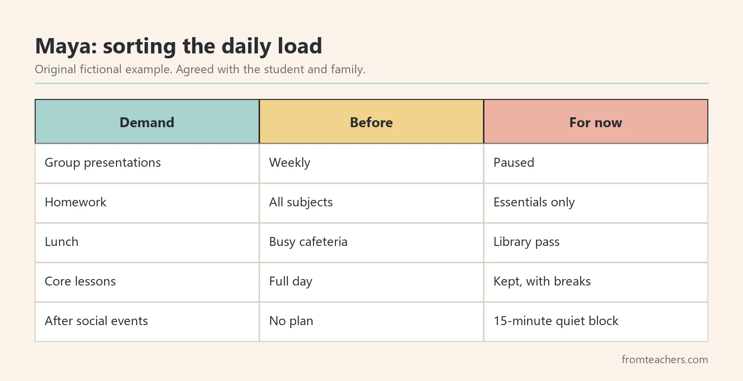 Table of fictional school-day demands for one student showing which were paused, reduced, or kept