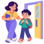 Illustration for back to school anxiety: a counselor walking beside a nervous boy holding his backpack straps at the school entrance