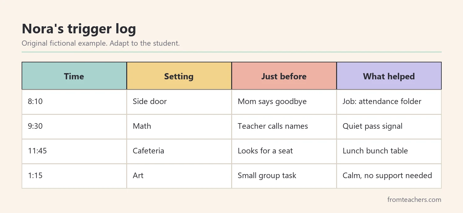 Table of a fictional trigger log showing time, setting, what happened before, and what helped