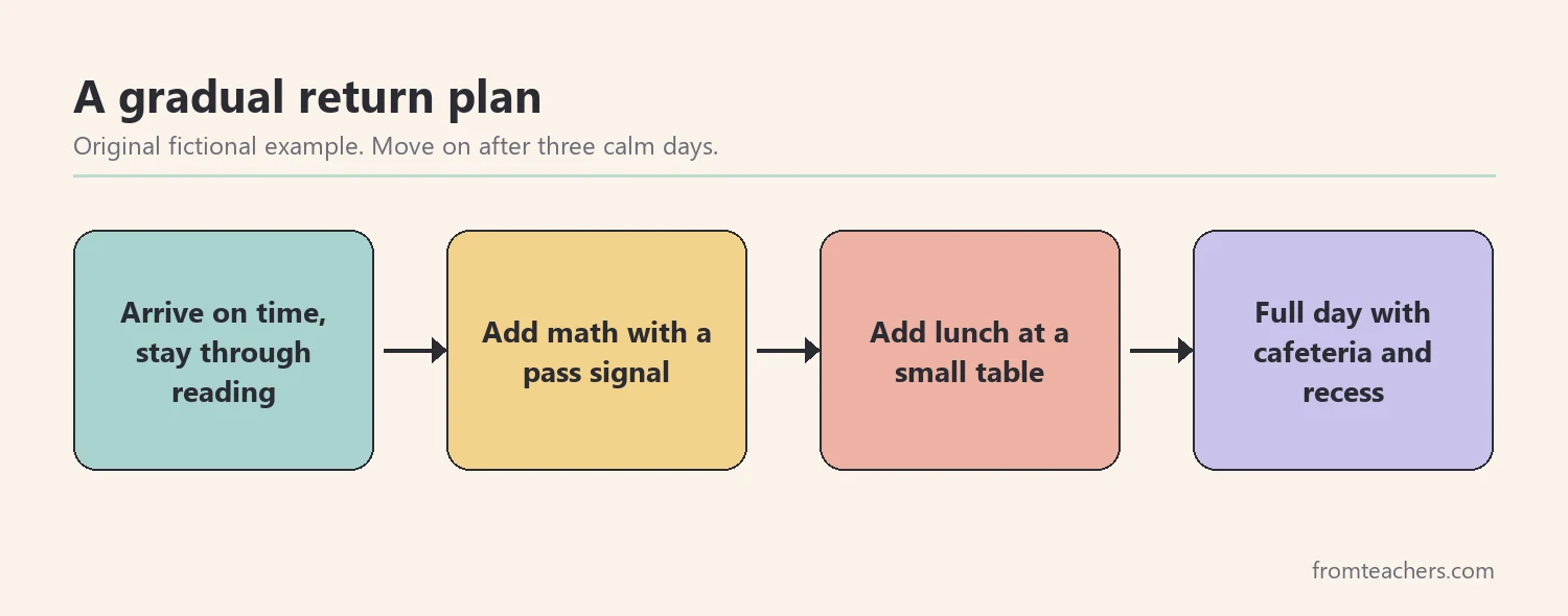Flow of four planned steps from a short morning to a full school day for a fictional student