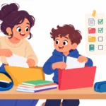 Illustration of a parent and child sorting papers from a school backpack into colored folders at home