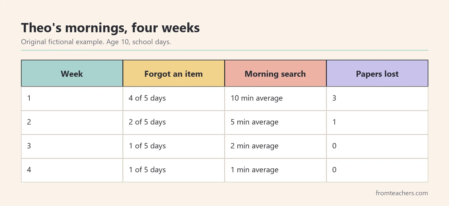 Data table of a fictional ten-year-old's forgotten items and morning search time over four weeks