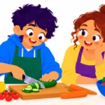 Illustration for beginner cooking skills: a teen chopping vegetables on a cutting board while a parent watches in a bright kitchen
