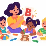 Kindergarten children doing beginning sounds activities with alphabet coloring posters