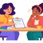 Teacher explaining a behavior assessment consent form to a parent at a table