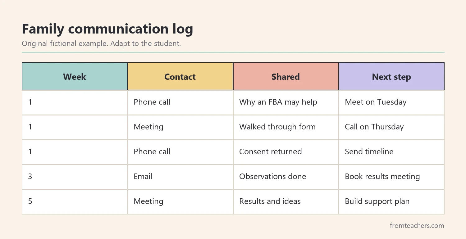 Table of a fictional communication log between school and family during an FBA