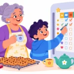 Illustration of a grandmother and grandson checking off a behavior chart for grandparents on the fridge