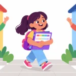 Illustration of a girl holding a weekly behavior chart between two houses with a parent waving from each door