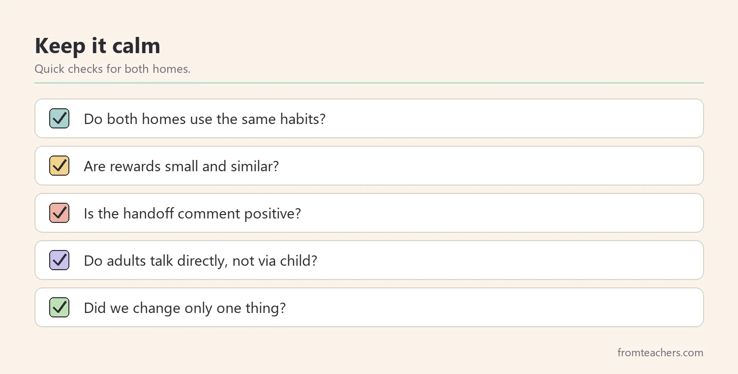 Checklist of five calm co-parenting checks for a shared behavior chart