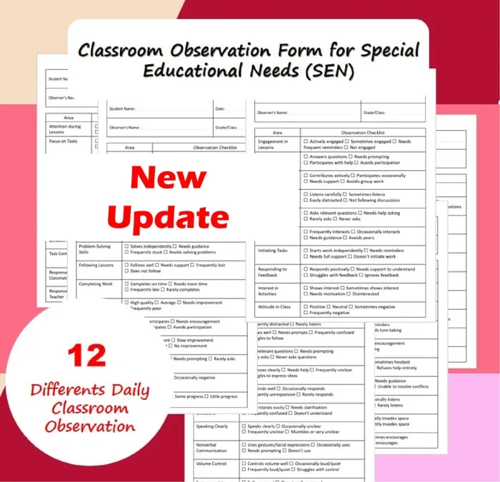 Classroom observation forms for special education cover with 12 daily checklists