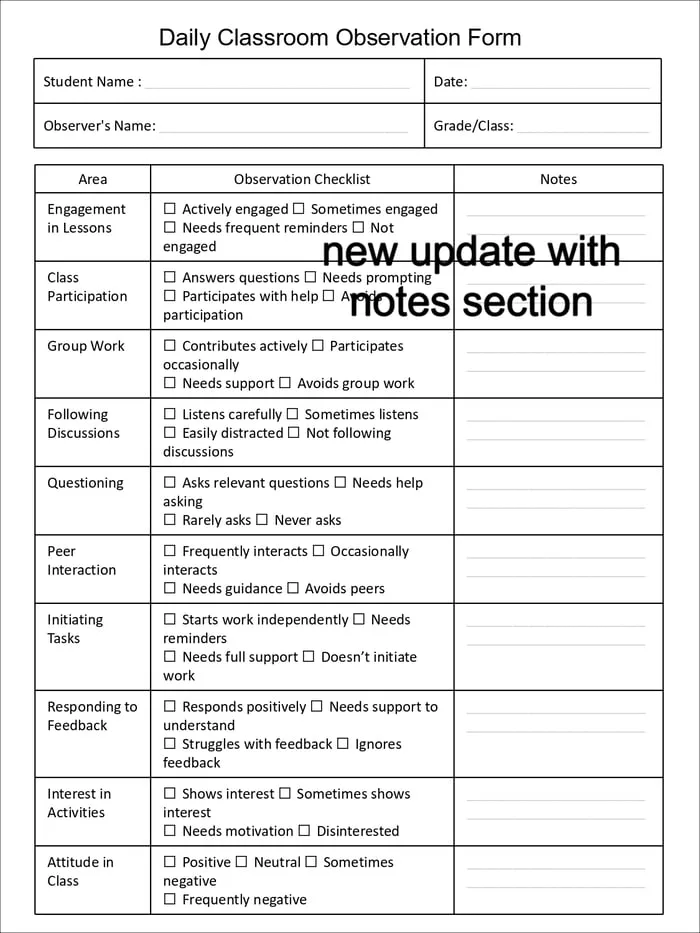 Preview page of a daily classroom observation checklist with tick boxes and notes column