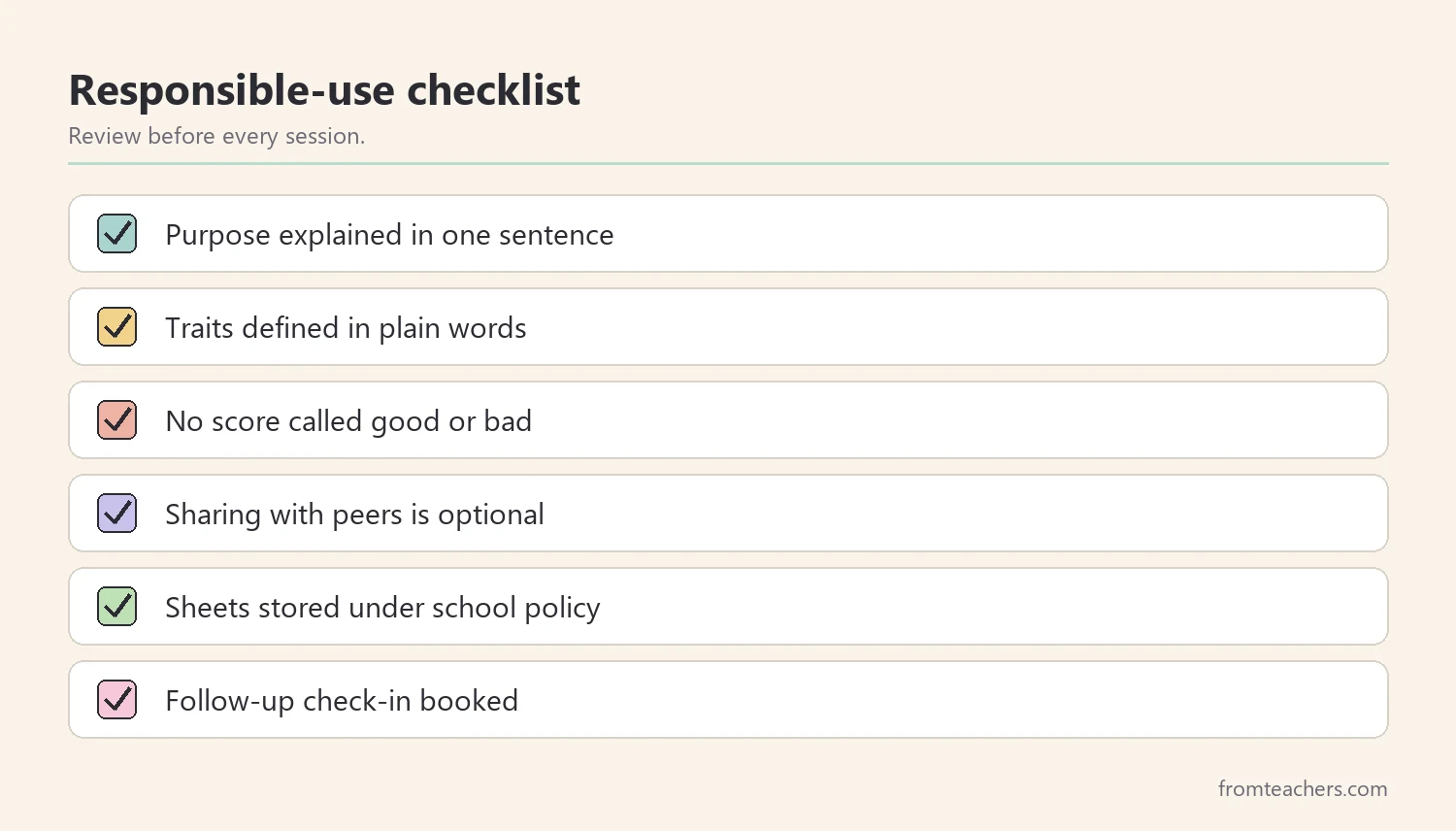 Checklist for responsible use of a student personality self-assessment