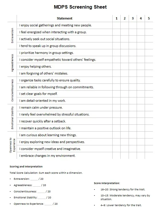 Big Five personality test for students printable pages preview