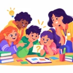 Illustration for brain teasers for students: a small group of students huddled around a desk excitedly solving a riddle card while a teacher listens